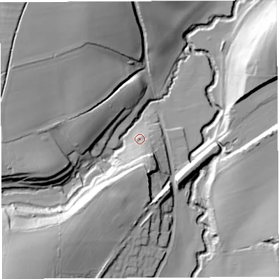 Shaded relief map of the ground around BA229TP, computed from Environment Agency LiDAR. The ground here sits at about 38 m above sea level and falls 36 m across the surrounding 800 m. Surface water reaching this point runs off ground lying to the south-south-east, 7.8 m higher.
