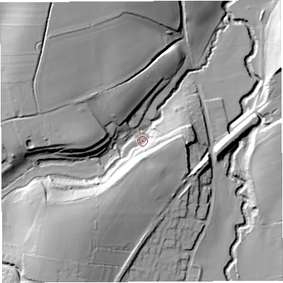 Shaded relief map of the ground around BA229TX, computed from Environment Agency LiDAR. The ground here sits at about 35 m above sea level and falls 31 m across the surrounding 800 m. Surface water reaching this point runs off ground lying to the east, 18.7 m higher.