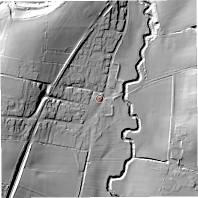 Shaded relief map of the ground around BA229UH, computed from Environment Agency LiDAR. The ground here sits at about 38 m above sea level and falls 27 m across the surrounding 800 m. Surface water reaching this point runs off ground lying to the west-south-west, 23.0 m higher.