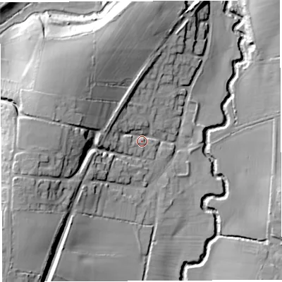 Shaded relief map of the ground around BA229UQ, computed from Environment Agency LiDAR. The ground here sits at about 40 m above sea level and falls 28 m across the surrounding 800 m. Surface water reaching this point runs off ground lying to the west, 10.2 m higher.