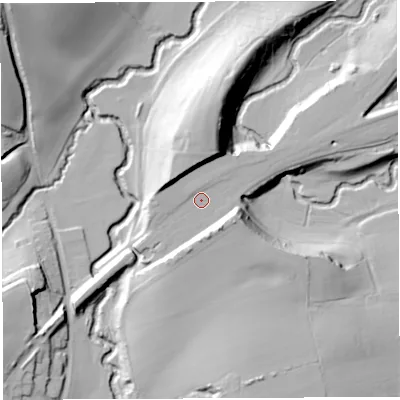Shaded relief map of the ground around BA229UU, computed from Environment Agency LiDAR. The ground here sits at about 43 m above sea level and falls 35 m across the surrounding 800 m. Surface water reaching this point runs off ground lying to the south-east, 12.9 m higher.