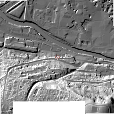 Shaded relief map of the ground around BA23AP, computed from Environment Agency LiDAR. The ground here sits at about 22 m above sea level and falls 111 m across the surrounding 800 m. Surface water reaching this point runs off ground lying to the south-west, 44.7 m higher.