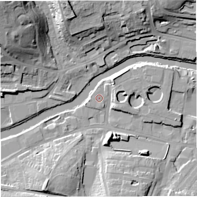 Shaded relief map of the ground around BA23AY, computed from Environment Agency LiDAR. The ground here sits at about 18 m above sea level and falls 32 m across the surrounding 800 m. Surface water reaching this point runs off ground lying to the south-east, 0.7 m higher.