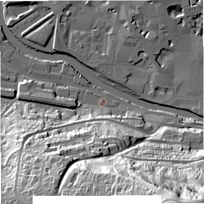 Shaded relief map of the ground around BA23BA, computed from Environment Agency LiDAR. The ground here sits at about 19 m above sea level and falls 108 m across the surrounding 800 m. Surface water reaching this point runs off ground lying to the south-south-west, 10.8 m higher.