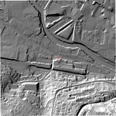 Shaded relief map of the ground around BA23BD, computed from Environment Agency LiDAR. The ground here sits at about 19 m above sea level and falls 79 m across the surrounding 800 m. Surface water reaching this point runs off ground lying to the south, 43.8 m higher.