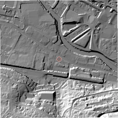 Shaded relief map of the ground around BA23BE, computed from Environment Agency LiDAR. The ground here sits at about 19 m above sea level and falls 59 m across the surrounding 800 m. Surface water reaching this point runs off ground lying to the south, 40.1 m higher.