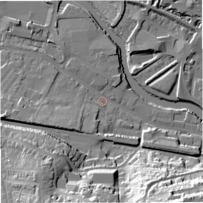 Shaded relief map of the ground around BA23BG, computed from Environment Agency LiDAR. The ground here sits at about 19 m above sea level and falls 48 m across the surrounding 800 m. Surface water reaching this point runs off ground lying to the west, 12.8 m higher.