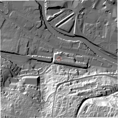 Shaded relief map of the ground around BA23BH, computed from Environment Agency LiDAR. The ground here sits at about 25 m above sea level and falls 83 m across the surrounding 800 m. Surface water reaching this point runs off ground lying to the east-south-east, 2.6 m higher.