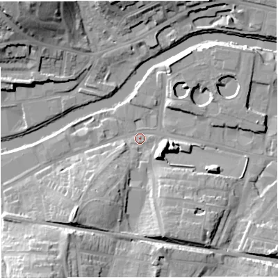 Shaded relief map of the ground around BA23BP, computed from Environment Agency LiDAR. The ground here sits at about 19 m above sea level and falls 25 m across the surrounding 800 m. Surface water reaching this point runs off ground lying to the south-west, 13.8 m higher.