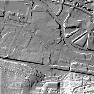 Shaded relief map of the ground around BA23BQ, computed from Environment Agency LiDAR. The ground here sits at about 19 m above sea level and falls 41 m across the surrounding 800 m. Surface water reaching this point runs off ground lying to the west-south-west, 12.8 m higher.