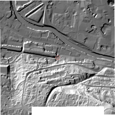 Shaded relief map of the ground around BA23BR, computed from Environment Agency LiDAR. The ground here sits at about 21 m above sea level and falls 108 m across the surrounding 800 m. Surface water reaching this point runs off ground lying to the west-south-west, 26.3 m higher.