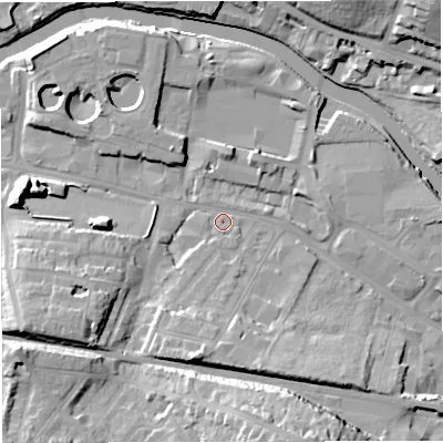 Shaded relief map of the ground around BA23BT, computed from Environment Agency LiDAR. The ground here sits at about 20 m above sea level and falls 24 m across the surrounding 800 m. Surface water reaching this point runs off ground lying to the south-south-east, 20.3 m higher.