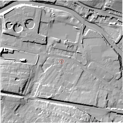 Shaded relief map of the ground around BA23BU, computed from Environment Agency LiDAR. The ground here sits at about 19 m above sea level and falls 24 m across the surrounding 800 m. Surface water reaching this point runs off ground lying to the south, 20.6 m higher.