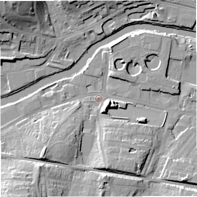 Shaded relief map of the ground around BA23BW, computed from Environment Agency LiDAR. The ground here sits at about 19 m above sea level and falls 25 m across the surrounding 800 m. Surface water reaching this point runs off ground lying to the south-west, 13.0 m higher.