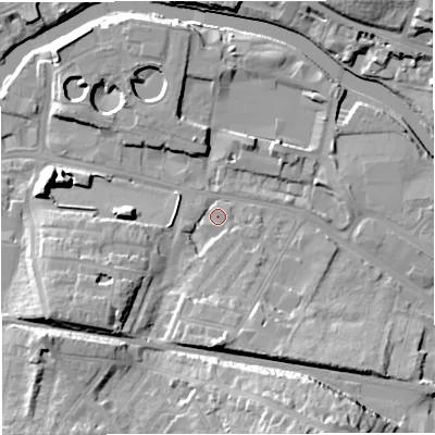 Shaded relief map of the ground around BA23BX, computed from Environment Agency LiDAR. The ground here sits at about 20 m above sea level and falls 25 m across the surrounding 800 m. Surface water reaching this point runs off ground lying to the south-south-east, 20.9 m higher.