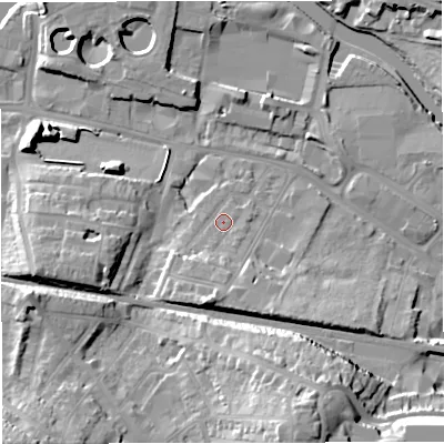 Shaded relief map of the ground around BA23BY, computed from Environment Agency LiDAR. The ground here sits at about 22 m above sea level and falls 27 m across the surrounding 800 m. Surface water reaching this point runs off ground lying to the south, 5.9 m higher.
