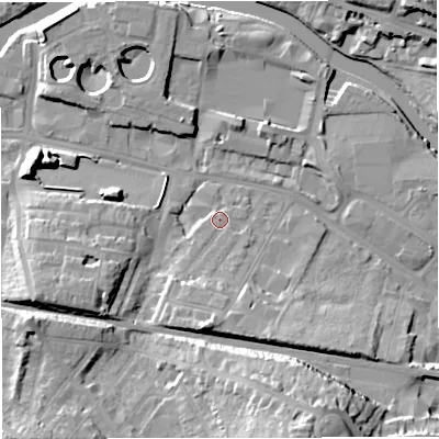Shaded relief map of the ground around BA23BZ, computed from Environment Agency LiDAR. The ground here sits at about 21 m above sea level and falls 27 m across the surrounding 800 m. Surface water reaching this point runs off ground lying to the south-south-west, 6.6 m higher.