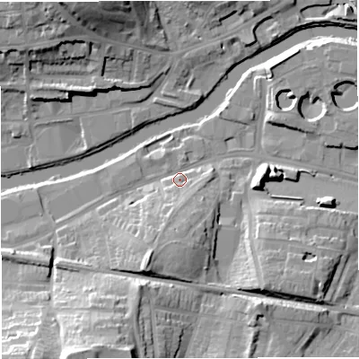 Shaded relief map of the ground around BA23DA, computed from Environment Agency LiDAR. The ground here sits at about 20 m above sea level and falls 29 m across the surrounding 800 m. Surface water reaching this point runs off ground lying to the south-south-west, 12.6 m higher.