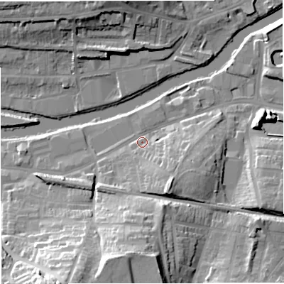 Shaded relief map of the ground around BA23DB, computed from Environment Agency LiDAR. The ground here sits at about 20 m above sea level and falls 34 m across the surrounding 800 m. Surface water reaching this point runs off ground lying to the south, 23.0 m higher.