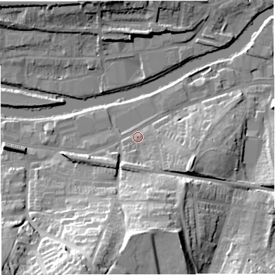 Shaded relief map of the ground around BA23DF, computed from Environment Agency LiDAR. The ground here sits at about 21 m above sea level and falls 37 m across the surrounding 800 m. Surface water reaching this point runs off ground lying to the south, 29.4 m higher.