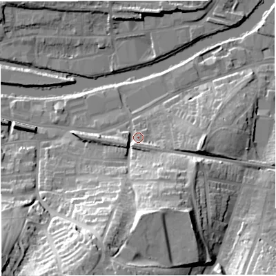 Shaded relief map of the ground around BA23DG, computed from Environment Agency LiDAR. The ground here sits at about 22 m above sea level and falls 39 m across the surrounding 800 m. Surface water reaching this point runs off ground lying to the south, 30.6 m higher.