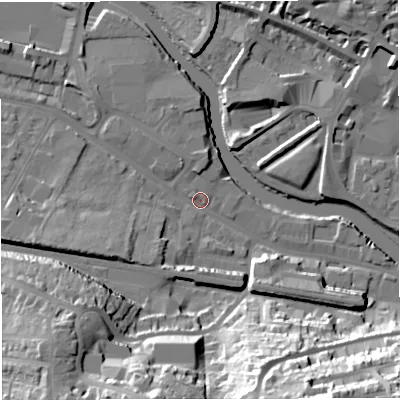 Shaded relief map of the ground around BA23DL, computed from Environment Agency LiDAR. The ground here sits at about 19 m above sea level and falls 48 m across the surrounding 800 m. Surface water reaching this point runs off ground lying to the south-south-east, 36.3 m higher.