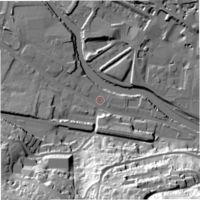 Shaded relief map of the ground around BA23DN, computed from Environment Agency LiDAR. The ground here sits at about 18 m above sea level and falls 59 m across the surrounding 800 m. Surface water reaching this point runs off ground lying to the south, 40.1 m higher.
