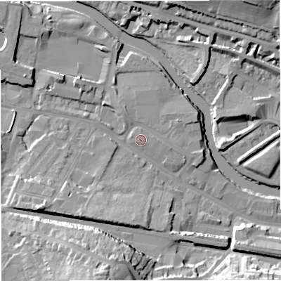 Shaded relief map of the ground around BA23DP, computed from Environment Agency LiDAR. The ground here sits at about 20 m above sea level and falls 27 m across the surrounding 800 m. Surface water reaching this point runs off ground lying to the east, 1.1 m higher.