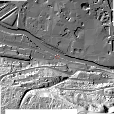 Shaded relief map of the ground around BA23DQ, computed from Environment Agency LiDAR. The ground here sits at about 18 m above sea level and falls 108 m across the surrounding 800 m. Surface water reaching this point runs off ground lying to the south-west, 57.6 m higher.