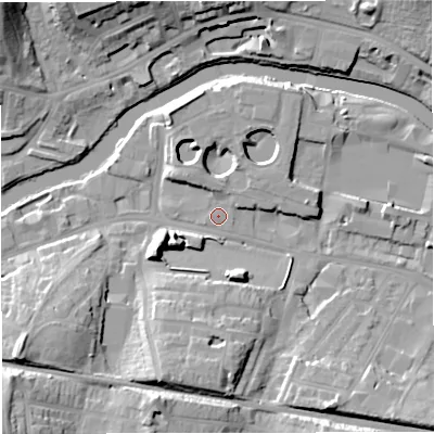 Shaded relief map of the ground around BA23DR, computed from Environment Agency LiDAR. The ground here sits at about 20 m above sea level and falls 20 m across the surrounding 800 m. Surface water reaching this point runs off ground lying to the north-north-east, 5.1 m higher.