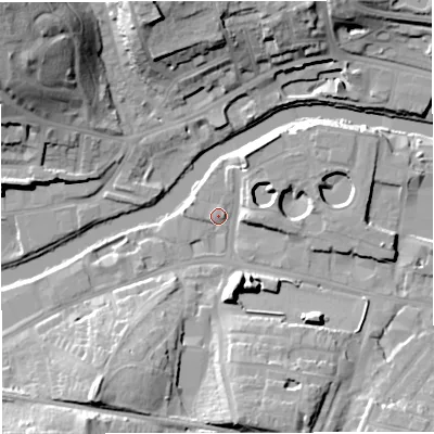 Shaded relief map of the ground around BA23DT, computed from Environment Agency LiDAR. The ground here sits at about 19 m above sea level and falls 30 m across the surrounding 800 m. Surface water reaching this point runs off ground lying to the west, 1.4 m higher.