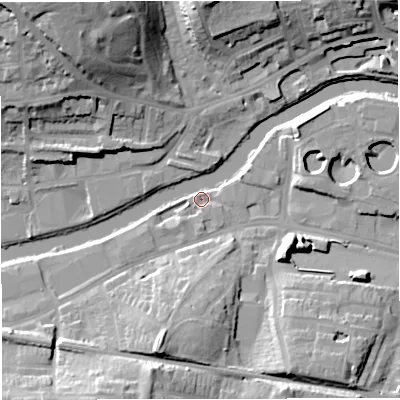 Shaded relief map of the ground around BA23DX, computed from Environment Agency LiDAR. The ground here sits at about 17 m above sea level and falls 28 m across the surrounding 800 m. Surface water reaching this point runs off ground lying to the south-south-west, 14.9 m higher.