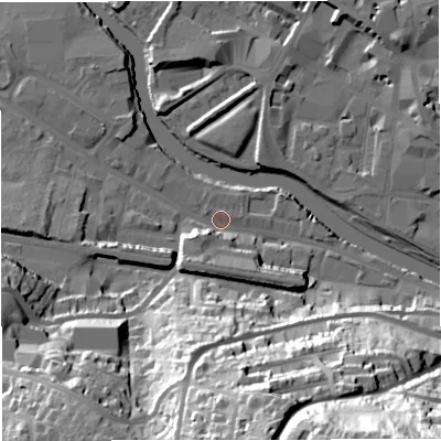 Shaded relief map of the ground around BA23DZ, computed from Environment Agency LiDAR. The ground here sits at about 18 m above sea level and falls 76 m across the surrounding 800 m. Surface water reaching this point runs off ground lying to the south-south-west, 42.9 m higher.