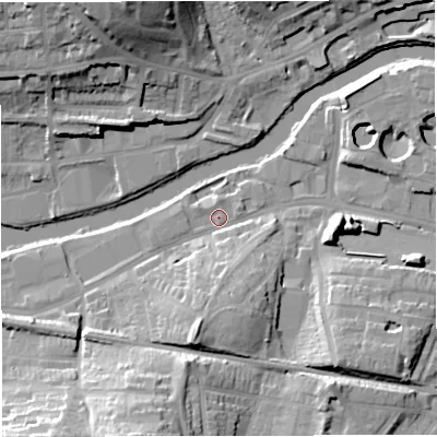 Shaded relief map of the ground around BA23EA, computed from Environment Agency LiDAR. The ground here sits at about 19 m above sea level and falls 27 m across the surrounding 800 m. Surface water reaching this point runs off ground lying to the south-south-west, 12.5 m higher.