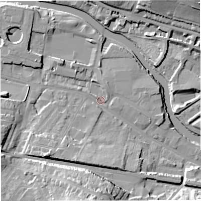 Shaded relief map of the ground around BA23EB, computed from Environment Agency LiDAR. The ground here sits at about 19 m above sea level and falls 26 m across the surrounding 800 m. Surface water reaching this point runs off ground lying to the south-west, 14.1 m higher.