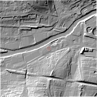 Shaded relief map of the ground around BA23ED, computed from Environment Agency LiDAR. The ground here sits at about 19 m above sea level and falls 27 m across the surrounding 800 m. Surface water reaching this point runs off ground lying to the west-north-west, 1.0 m higher.