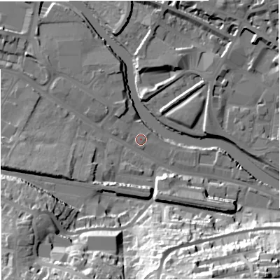 Shaded relief map of the ground around BA23EE, computed from Environment Agency LiDAR. The ground here sits at about 19 m above sea level and falls 49 m across the surrounding 800 m. Surface water reaching this point runs off ground lying to the south, 37.2 m higher.