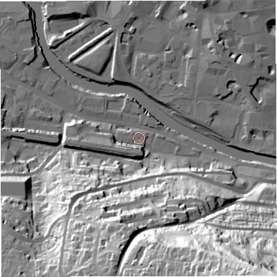 Shaded relief map of the ground around BA23EG, computed from Environment Agency LiDAR. The ground here sits at about 19 m above sea level and falls 101 m across the surrounding 800 m. Surface water reaching this point runs off ground lying to the south-west, 27.0 m higher.