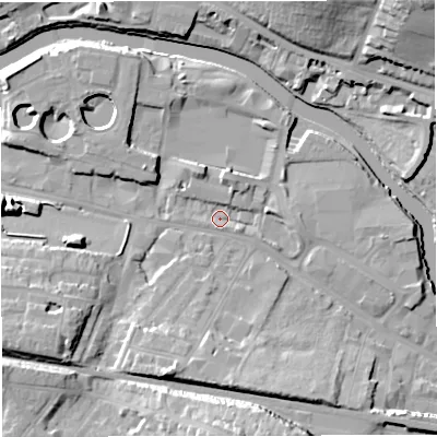 Shaded relief map of the ground around BA23EH, computed from Environment Agency LiDAR. The ground here sits at about 18 m above sea level and falls 22 m across the surrounding 800 m. Surface water reaching this point runs off ground lying to the south, 20.4 m higher.