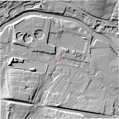 Shaded relief map of the ground around BA23EJ, computed from Environment Agency LiDAR. The ground here sits at about 19 m above sea level and falls 20 m across the surrounding 800 m. Surface water reaching this point runs off ground lying to the south, 14.1 m higher.