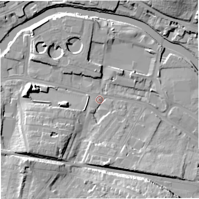 Shaded relief map of the ground around BA23EP, computed from Environment Agency LiDAR. The ground here sits at about 20 m above sea level and falls 23 m across the surrounding 800 m. Surface water reaching this point runs off ground lying to the south-south-east, 19.3 m higher.