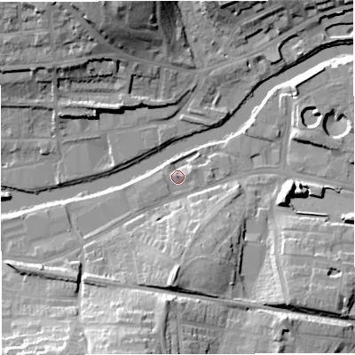 Shaded relief map of the ground around BA23ES, computed from Environment Agency LiDAR. The ground here sits at about 19 m above sea level and falls 25 m across the surrounding 800 m. Surface water reaching this point runs off ground lying to the west-south-west, 1.0 m higher.