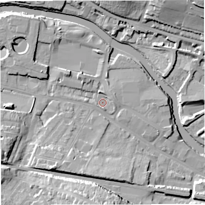 Shaded relief map of the ground around BA23ET, computed from Environment Agency LiDAR. The ground here sits at about 19 m above sea level and falls 23 m across the surrounding 800 m. Surface water reaching this point runs off ground lying to the south-west, 14.1 m higher.