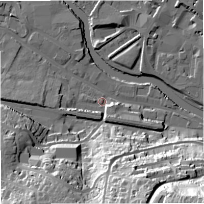Shaded relief map of the ground around BA23EU, computed from Environment Agency LiDAR. The ground here sits at about 19 m above sea level and falls 75 m across the surrounding 800 m. Surface water reaching this point runs off ground lying to the south, 44.0 m higher.