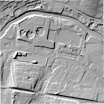 Shaded relief map of the ground around BA23EW, computed from Environment Agency LiDAR. The ground here sits at about 19 m above sea level and falls 20 m across the surrounding 800 m. Surface water reaching this point runs off ground lying to the south-south-west, 11.7 m higher.