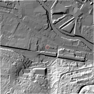 Shaded relief map of the ground around BA23EX, computed from Environment Agency LiDAR. The ground here sits at about 20 m above sea level and falls 69 m across the surrounding 800 m. Surface water reaching this point runs off ground lying to the south-west, 6.9 m higher.