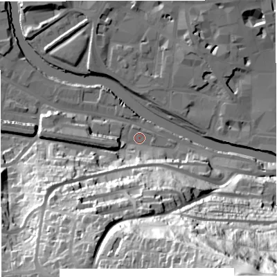 Shaded relief map of the ground around BA23EY, computed from Environment Agency LiDAR. The ground here sits at about 19 m above sea level and falls 107 m across the surrounding 800 m. Surface water reaching this point runs off ground lying to the west-south-west, 26.5 m higher.