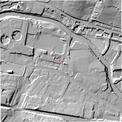 Shaded relief map of the ground around BA23FA, computed from Environment Agency LiDAR. The ground here sits at about 20 m above sea level and falls 24 m across the surrounding 800 m. Surface water reaching this point runs off ground lying to the south-south-west, 14.1 m higher.