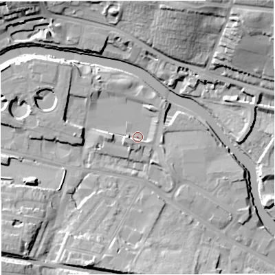 Shaded relief map of the ground around BA23FH, computed from Environment Agency LiDAR. The ground here sits at about 19 m above sea level and falls 28 m across the surrounding 800 m. Surface water reaching this point runs off ground lying to the west, 3.3 m higher.