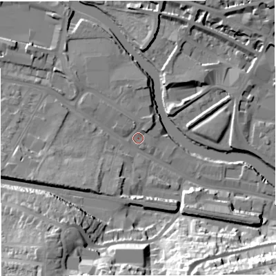 Shaded relief map of the ground around BA23FP, computed from Environment Agency LiDAR. The ground here sits at about 19 m above sea level and falls 41 m across the surrounding 800 m. Surface water reaching this point runs off ground lying to the north-north-west, 2.0 m higher.
